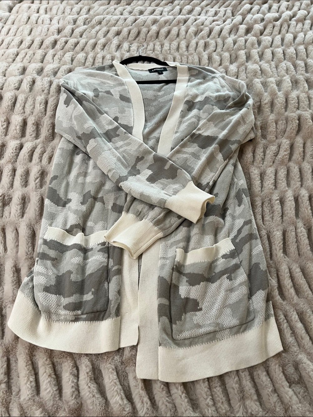 Express Cream and Light Gray Camo Open-Front Cardigan